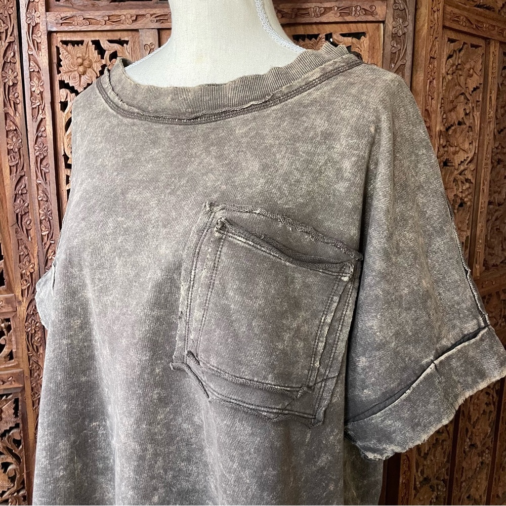 Zenana Acid Washed Brown  Short Sleeve Sweatshirt Terry Knot Pull Over - Picture 3 of 8